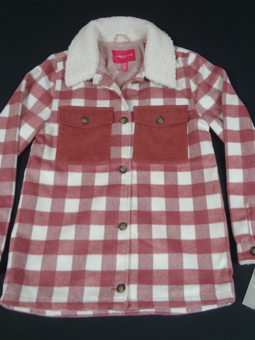 NWT LONDON FOG GIRLS BUFFALO PLAID FAUX WOOL JACKET PINK WHITE LRG 14-16 L951